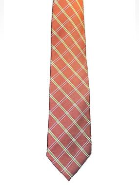 Rooster 100% Silk Orange/Green/White Plaid Tie (3 in x 60 in)